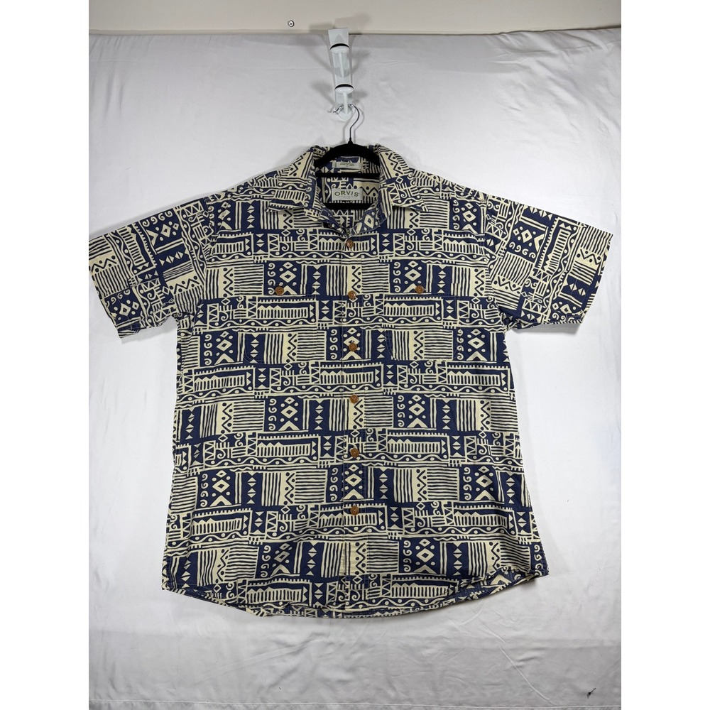 Orvis Button Down Shirt Mens L Blue Cream Geometric Aztec Cotton Excellent